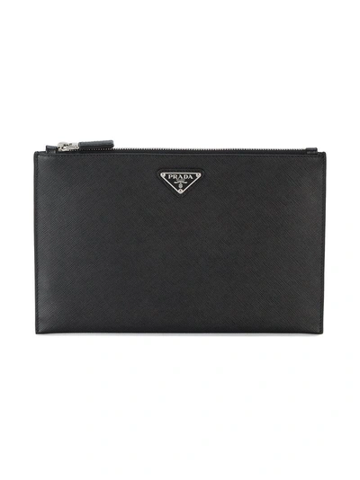 Prada Saffiano Leather Logo Pouch In Black