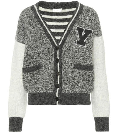 Saint Laurent Varsity Cardigan In Flecked Grey And Ecru Wool With Y-patch In Grey