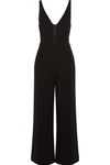 NARCISO RODRIGUEZ LEATHER-TRIMMED CUTOUT WOOL-CREPE JUMPSUIT