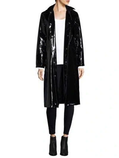 Jane Post Hooded Snap-front Long Rain Slicker Coat In Black