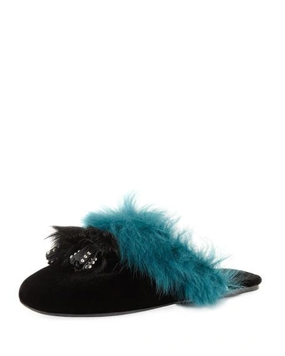 Prada Tassel Fur-trim Mule Slide In Black/blue