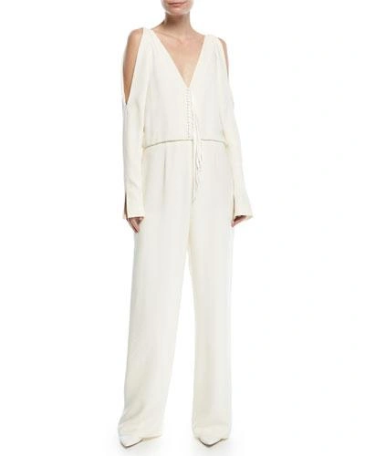 Alexander Wang Cold Shoulder Jumpsuit With Fringe Detail In White