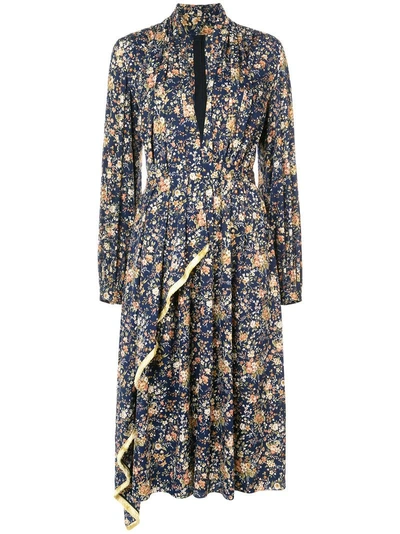 Adam Lippes Floral Printed Long Sleeve Dress With Asymmetrical Detail In Navy