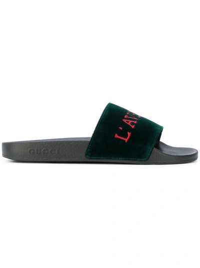 Gucci Pursuit Embroidered Velvet Pool Slide Sandal, Black In Green