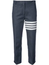 THOM BROWNE THOM BROWNE BELTLOOP TROUSER WITH 4 BAR STRIPE & GROSGRAIN FINISHING IN NAVY DENIM - BLUE,FTC175A0259412372916