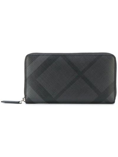 Burberry London Check And Leather Ziparound Wallet In Charcoal/black