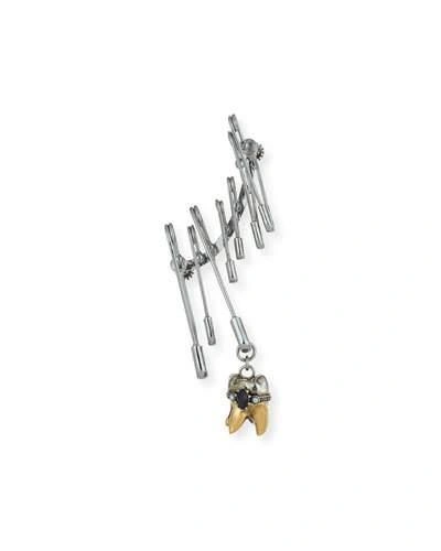 Alexander Mcqueen Men's Single Safety Pin Earring W/ Tooth Dangle In Gold+onice