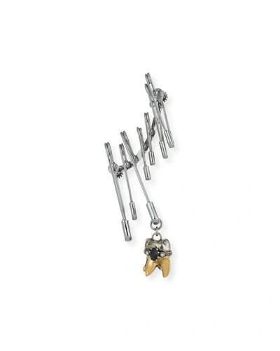 Alexander Mcqueen Men's Single Safety Pin Earring W/ Tooth Dangle In Silver/gold