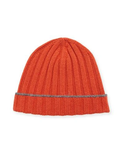 Brunello Cucinelli Cashmere Ribbed Beanie Hat In Orange