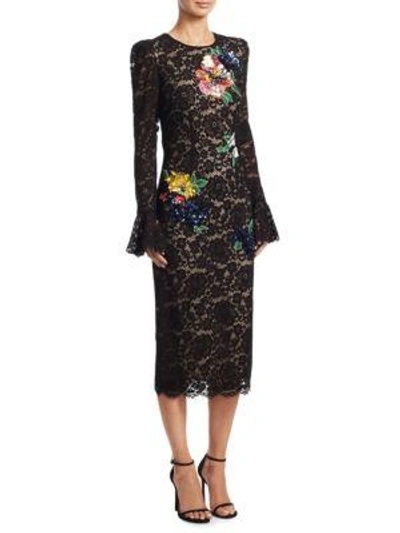 Monique Lhuillier Sequined Floral Lace Midi Dress In Noir