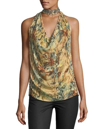 Haute Hippie The Orian Draped Halter Silk Tank W/ Embellishments