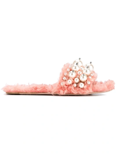 Miu Miu Embellished Faux Fur Slippers In Mughetto