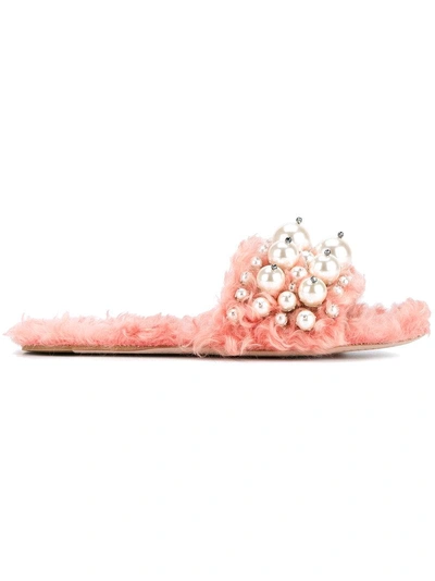 Miu Miu Embellished Faux Fur Slippers