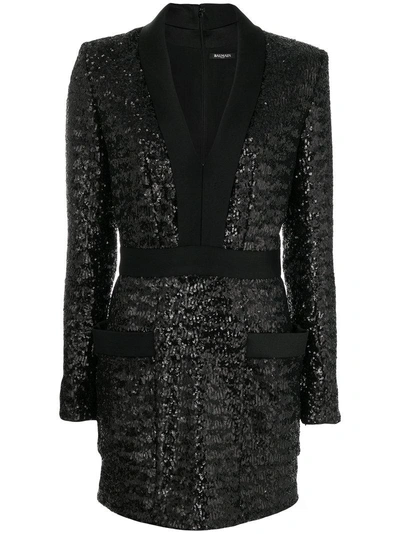 Balmain Satin-lapel Sequin-embellished Mini Dress In Black