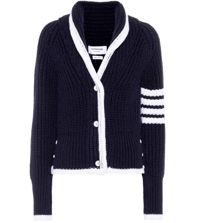 Thom Browne Intarsia Stripes Wool Knit Cardigan In Navy