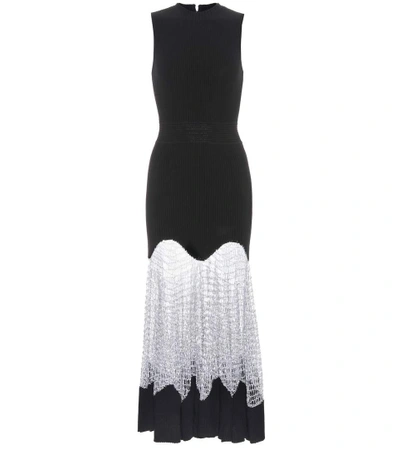 Alexander Mcqueen Sleeveless Knit Midi Dress With Netted Skirt, Black/silver