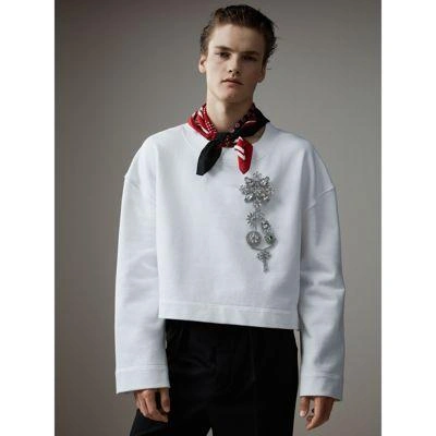 Burberry Cotton Cropped Sweatshirt With Crystal Brooch In Optic White