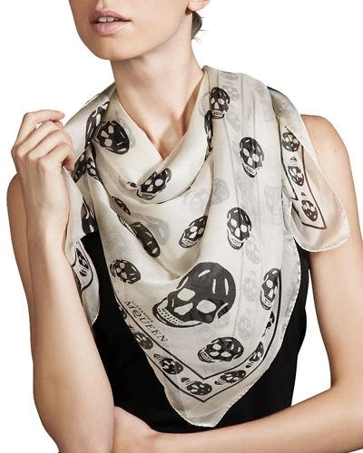 Alexander Mcqueen Silk Mixed Skull Square Scarf In Ivory/black