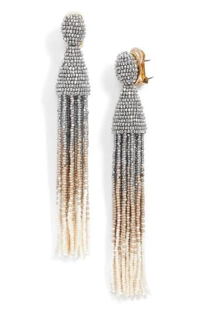 Oscar De La Renta Long Ombre Beaded Tassel Clip On Earrings In Silver