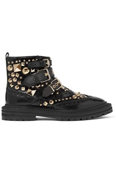 Burberry Everdon Buckled Studded Glossed-leather Ankle Boots In Black