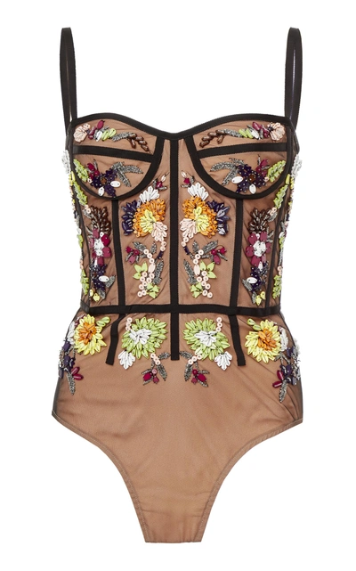 Cushnie Et Ochs Mina Illusion Tulle Floral-beaded Corset Bodysuit In Black & Nude Multi