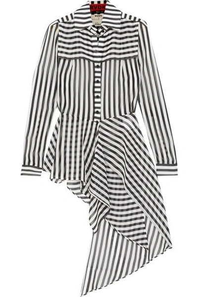 Ronald Van Der Kemp Asymmetric Striped Silk Crepe De Chine Blouse In Black,white