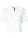 THOM BROWNE SHORT SLEEVE CROPPED BUTTON DOWN SHIRT WITH GROSGRAIN PLACKET IN EGYPTIAN COTTON POPLIN,FTU218E0250512372913