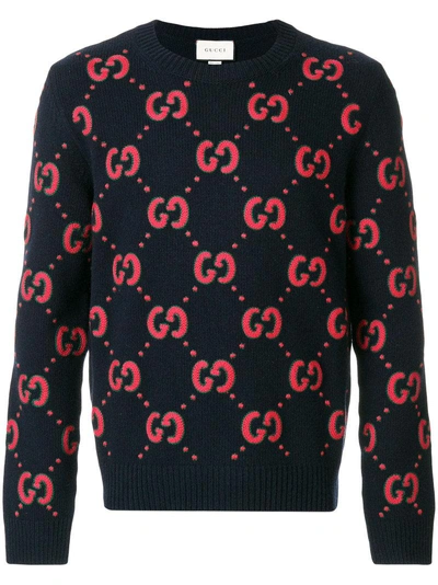 Gucci Gg & Bat Embroidered Wool Knit Sweater In Blue