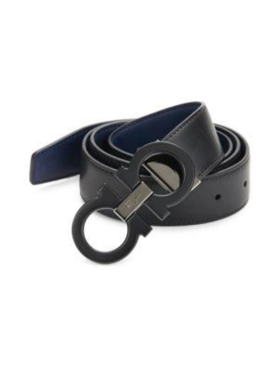 Ferragamo Men's Double Gancini Reversible Leather Belt In Black/blue Marine