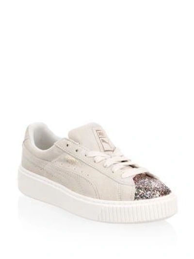 Puma Women's Suede Platform Crushed Jewel Casual Shoes, White - Size 8.5