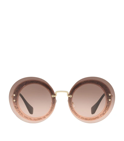 Miu Miu Round Glitter-illusion Frame Sunglasses In Transparent Pink/pink Gray Gradient
