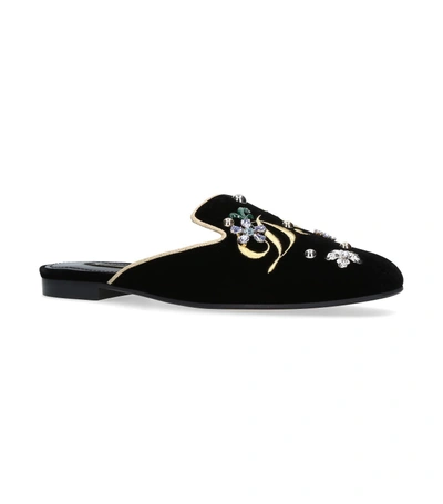 Dolce & Gabbana Printed Brocade Slippers With Bejeweled Buckle In Black