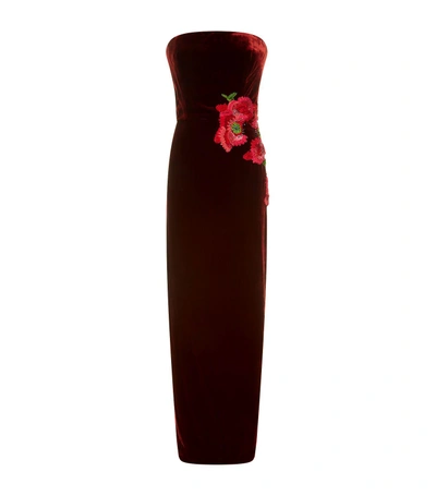 Monique Lhuillier Floral-embroidered Strapless Velvet Gown In Wine