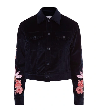Sandro Cylia Cropped & Embroidered Velvet Jacket In Navy Blue