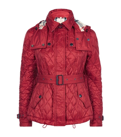 Burberry Finsbridge Check-lined Short Quilted Coat W/ Removable Hood In Dark Crimson