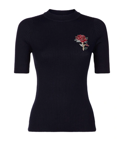 Sandro Embroidered Rose Ribbed Sweater In Navy Blue