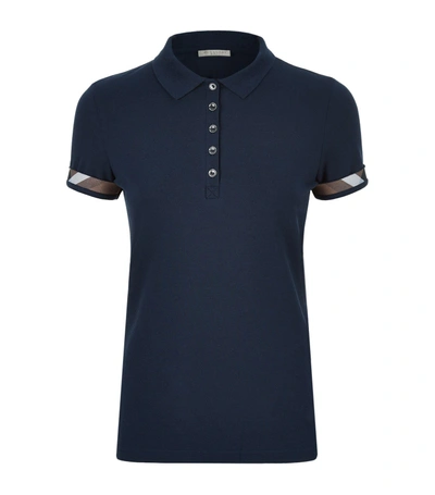 Burberry Check Trim Stretch Cotton Piqué Polo Shirt In Blue