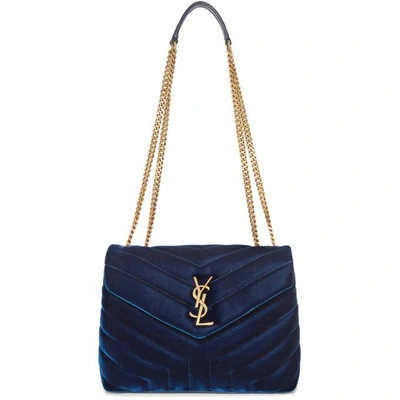 Saint Laurent Loulou Small Monogram Matelasse Velvet Chain Shoulder Bag In Blue