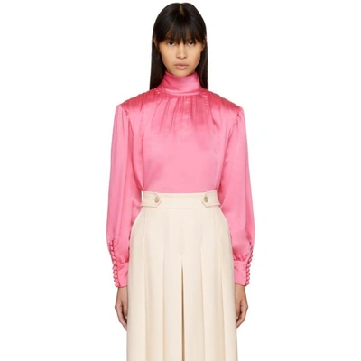 Gucci Roll-neck Gathered Silk-charmeuse Blouse In Rosa