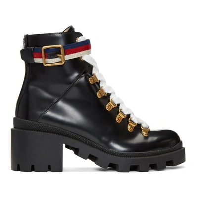 Gucci Grosgrain-trimmed Leather Ankle Boots In Black