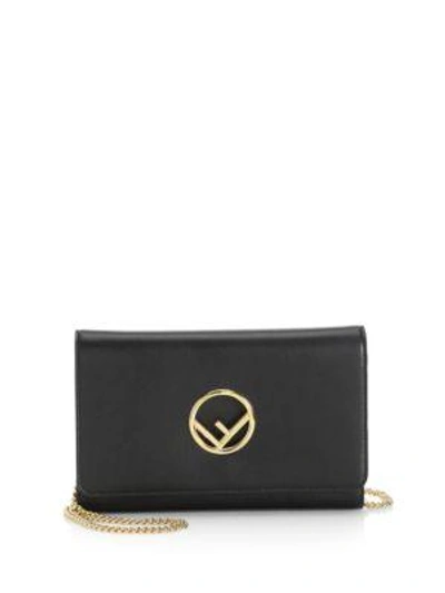 Fendi F Seal Leather Wallet On A Chain, Black