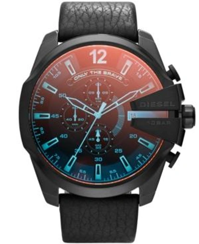 Diesel Men's Chronograph Mega Chief Iridescent Crystal Black Leather Strap Watch 51mm Dz4323 In Black/ Iridescent Crystal