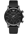 EMPORIO ARMANI MEN'S CHRONOGRAPH PERFORATED BLACK LEATHER STRAP WATCH 41MM AR1737