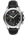 EMPORIO ARMANI MEN'S CONNECTED BLACK LEATHER STRAP HYBRID SMART WATCH 43MM