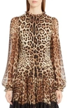Dolce & Gabbana Leopard-print Sheer-sleeve Blouse, Brown/black Leopard In Leopard