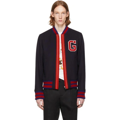 Gucci Felt Bomber Jacket With G In Navy