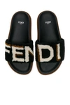 Fendi Logo-print Shearling Slides In Black