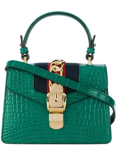 Gucci Sylvie Mini Chain-embellished Alligator Shoulder Bag In Emerald Green