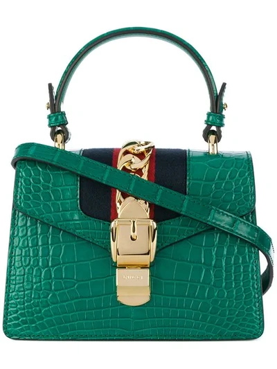 Gucci Sylvie Mini Chain-embellished Alligator Shoulder Bag In Emerald