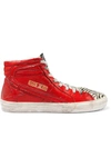 GOLDEN GOOSE SLIDE PATENT-LEATHER AND DISTRESSED CALF HAIR HIGH-TOP SNEAKERS